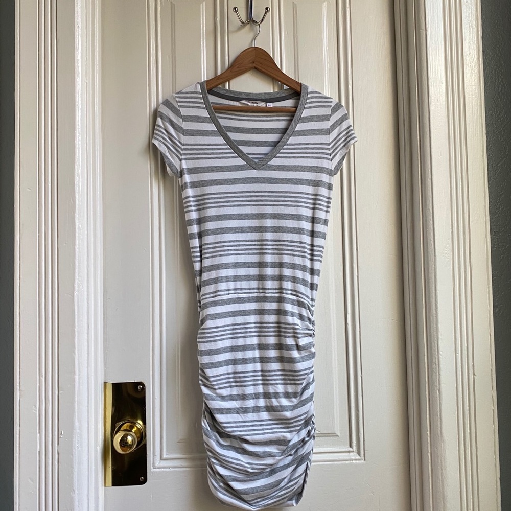 Athleta Topanga Grey & White Striped Ruched T-Shirt Dress